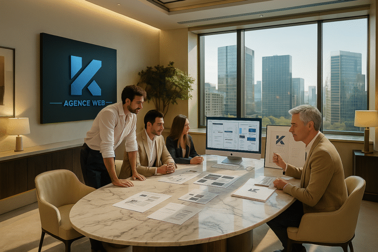 Reunião de conteúdo estratégico na K Agence Web para empresas na Suiça